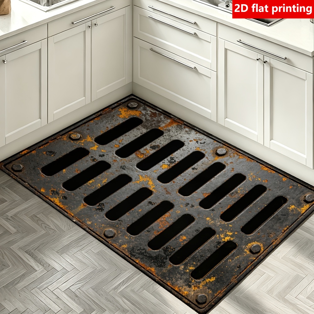 TEMU 2d Flat Printing, 1pc Vintage Rust Metal Cover Printed Floor Mat, Non-slip And Absorbent Flannel Rug, Washable And Easy To Clean, Suitable For