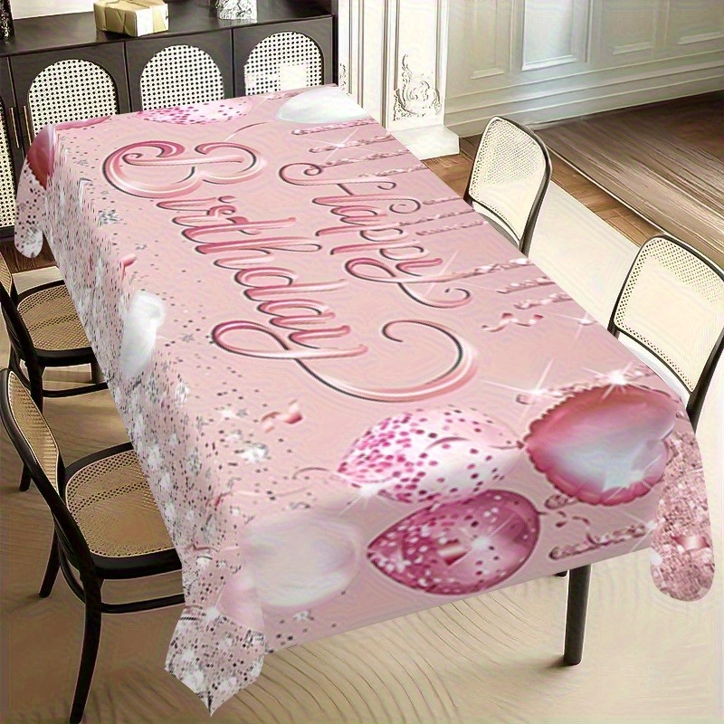 Image of 1pc Of Happy Birthday Tablecloth, Pink Rectangular Polyester Cover With , Perfect For Festive Party Decorations And Suitable For Birthday Celebrations And Home Decor