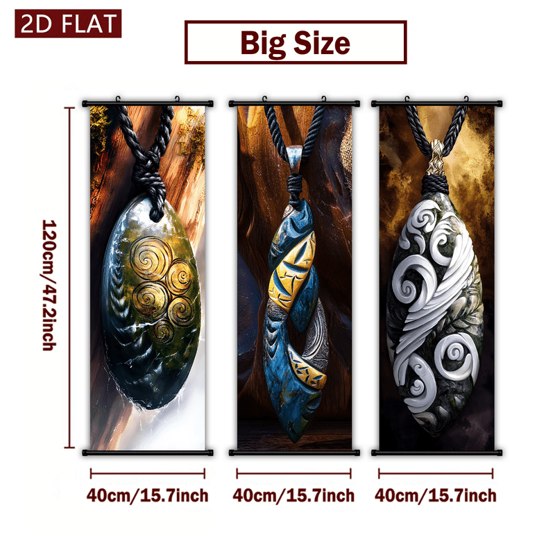 TEMU 2d Flat, 2d/flat-3pcs Maori Style Jade Pendant Plastic Scroll Wall - Definition Printed Hanging Scroll Paintings Ideal For Living Room Bedroom