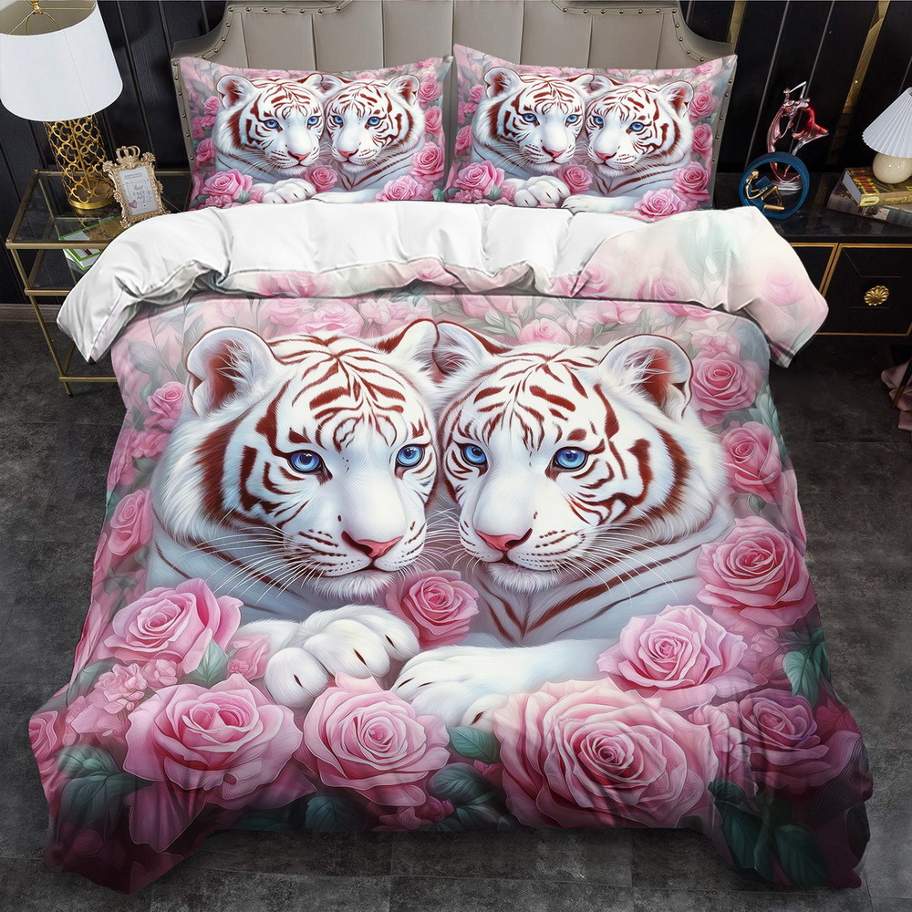 

2/3pcs White Tiger & Floral Print Duvet Cover Set - Soft Breathable Polyester Bedding With Zipper Closure, Cartoon Themed, , Machine Washable, Includes 1 Duvet Cover And 1 Pillowcases (no Insert)