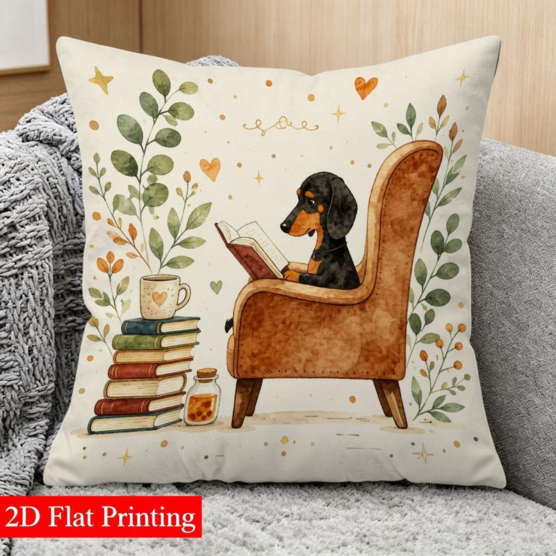 TEMU 2d Printed Double-sided Throw Pillow Cover, 45 X 45cm, Cute Dachshund Reading Design, Cozy Literary Style, Suitable For Living Room, Bedroom,
