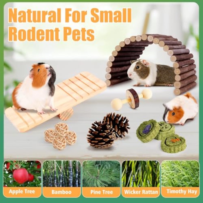 Hamster Toys Guinea Pig Toys Set with Tunnel Chewable Apple Wood And Natural Timothy Hay - Enrichment Chew Toys for Small Animals - 24+ Cage Additions for Teeth Care And Boredom Relief Blue
