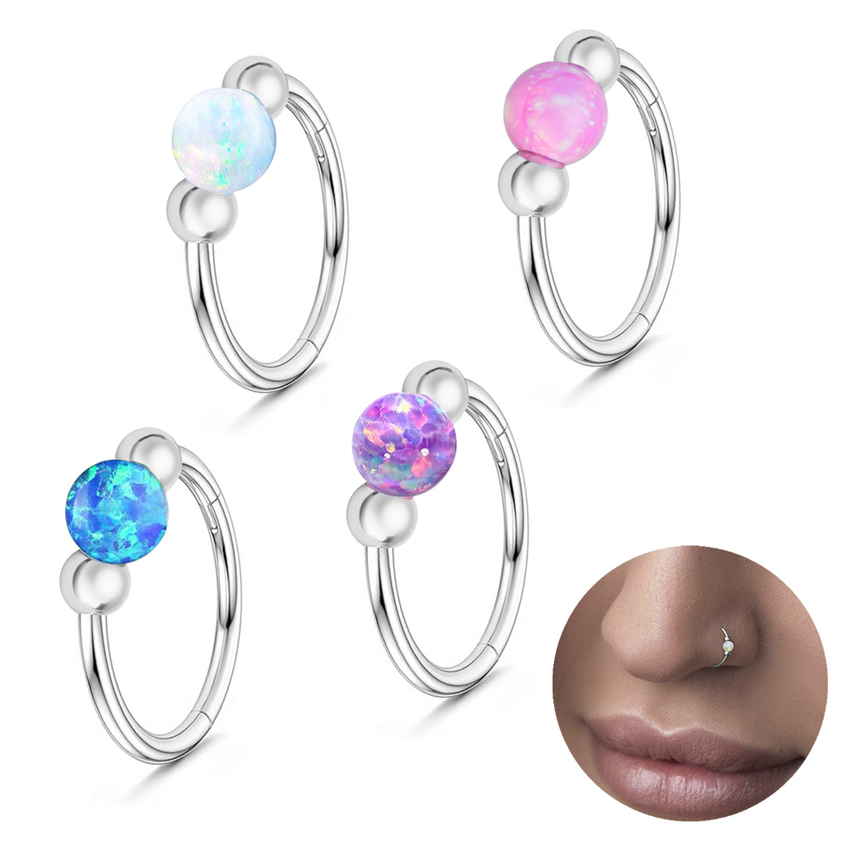 Women's Opal Nose Ring & Septum Ring Earrings Set