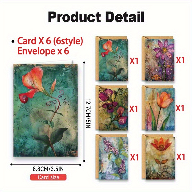 E-shop 12er-Pack handbemalte Aquarell-Blumen-Grußkarten mit Umschlägen – 6 einzigartige Frühlingsblumen-Designs, leere Allzweck-Karten für Hochzeiten,
