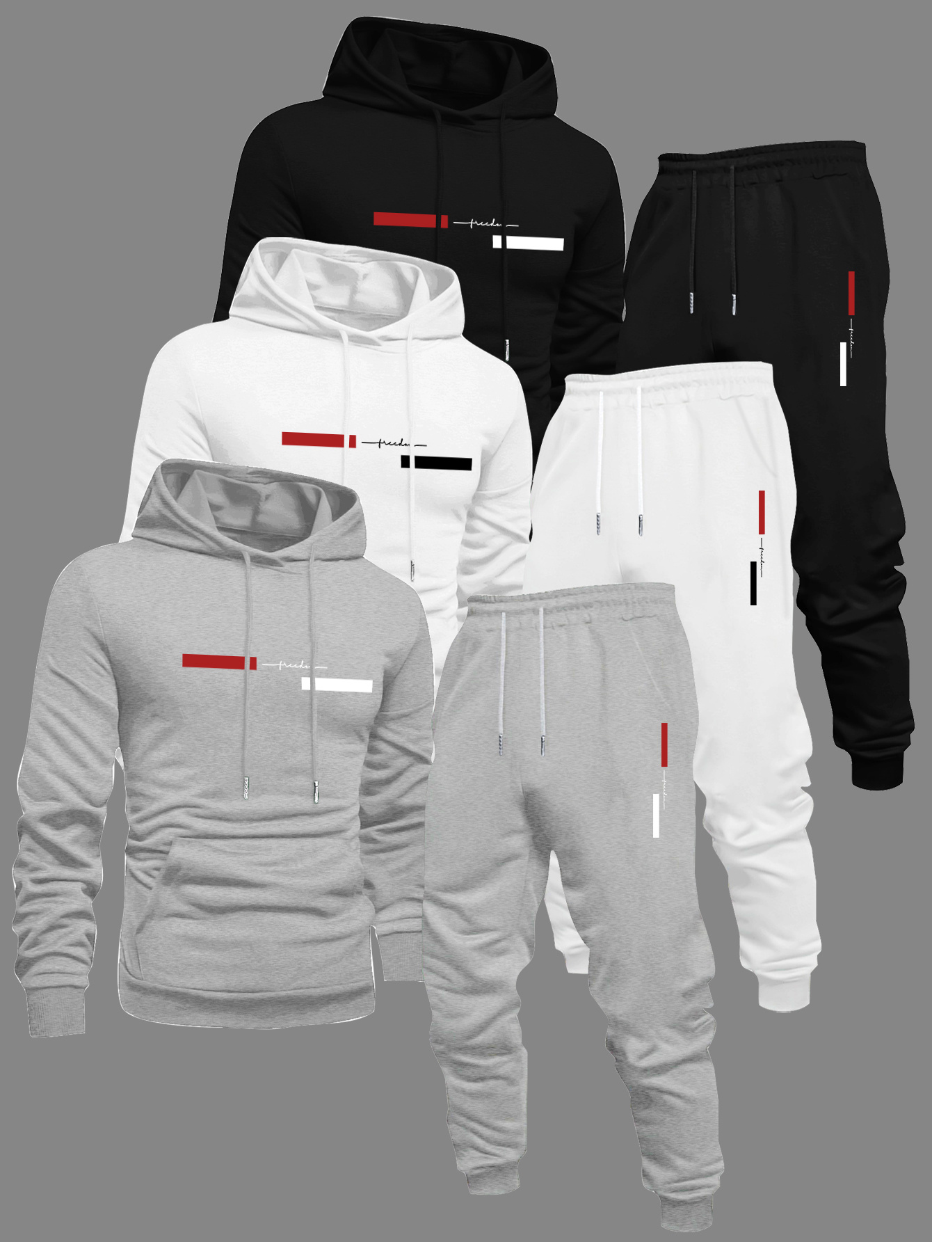 Men'S Casual Hooded Sweatshirt & Joggers Set - Geometric Letter Print, Regular Fit, Long Sleeve, Drawstring Waist, Geometric Pattern, Fall/Winter Collection, Fall Winter Apparel | Geometric Print Hoodie | Drawstring Hoodie