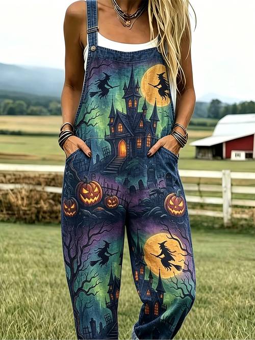 new model womens vintage print overalls halloween theme print jumpsuit womens casual loose overalls autumn pants