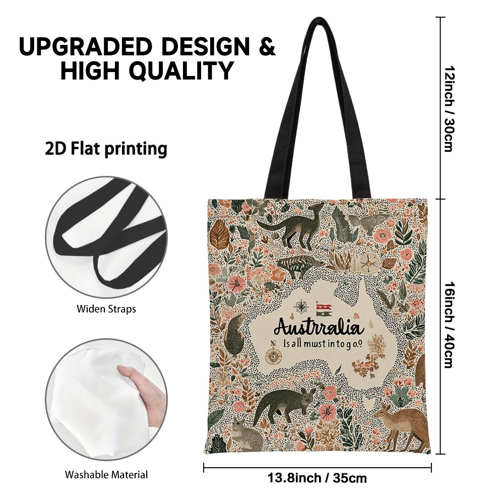 TEMU 1pc Reusable Grocery Bag, 2d Flat Sided Australia Day Wildlife Printed Tote, Ideal For Travel, Camping, And Daily Use. Made From Durable