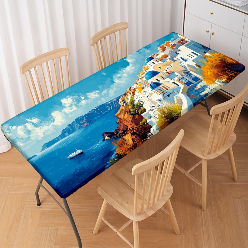 TEMU 1 nappe élastique, nappe à bordure élastique, matériau en polyester durable, nappe lavable, nappe style grec de avec des bâtiments et des eaux