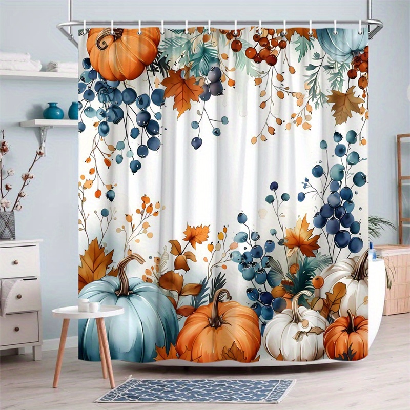 TEMU 2d Flat, 1pc Extra-large Shower Curtain - Watercolor Pumpkin And Autumn Leaf Berry Pattern, Blue-orange-white Tones - Machine Washable Polyester