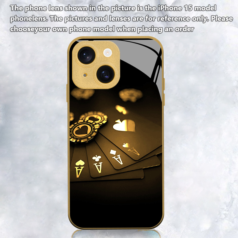 TEMU Phone Case - Trendy High-end Black Golden Chips With Suitable For All , Tempered Glass Phone Case For Iphone