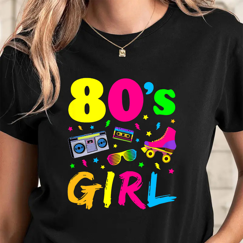 

1pc Women's Casual Crew Neck T-shirt, 80's Girl Graphic Print, Polyester Knit Fabric, Medium Stretch, Regular Sleeve, All Season Pullovers - Trendy Short Sleeve Tee