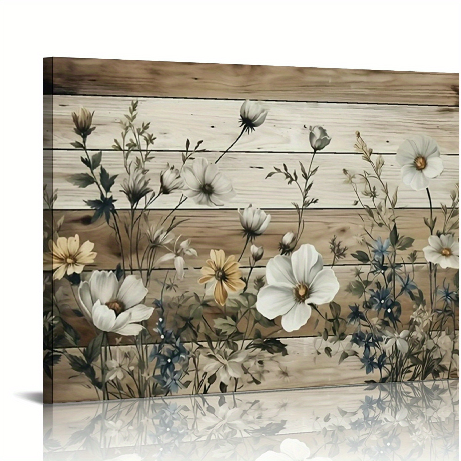 TEMU 2d Flat, 1pc Framed Canvas Wall Art, Rustic Wooden Framed Canvas Wall Art With Daisies, & Wildflowers, Ready To Hang, Perfect For Living Room,