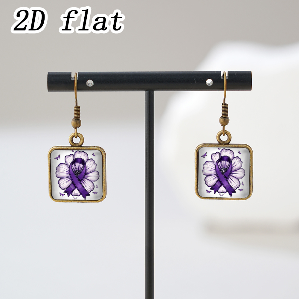 Square Earrings with Purple Awareness Ribbon Flower Butterfly Pattern