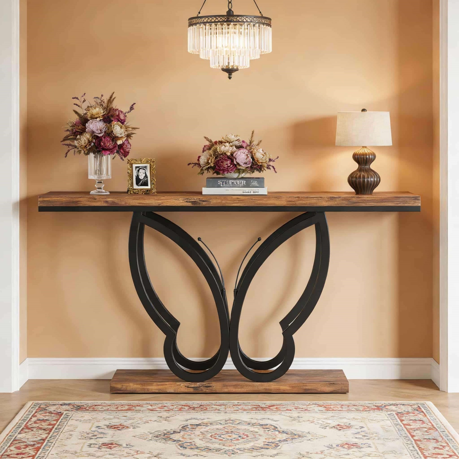 Image of Farmhouse Console Table, 140cm Metal Frame Entryway Table, Industrial Accent Sofa Table, Versatile Furniture For Hallway, Living Room, Entrance, Brown