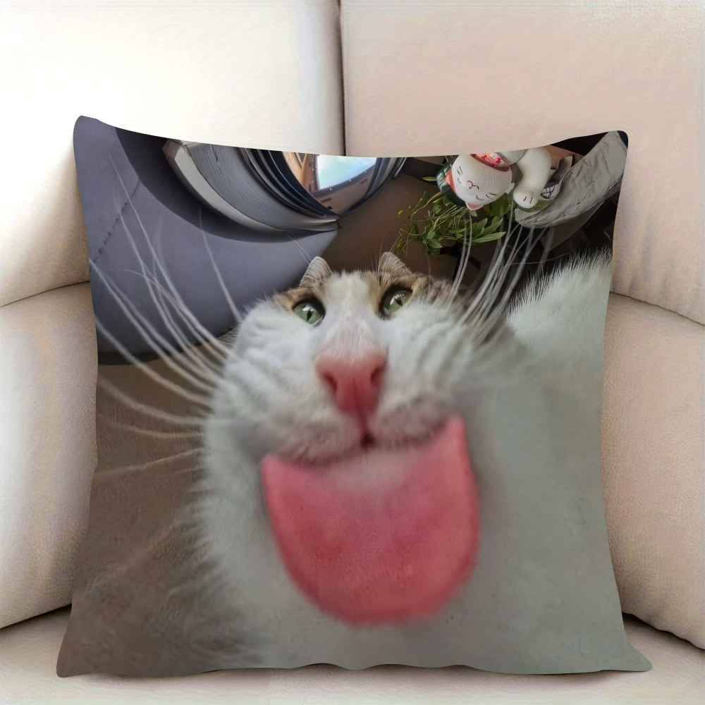 TEMU 1pc Funny Cat Pillowcase Tongue Out Pattern, Soft And Comfortable Polyester Short Plush Fabric, Single-sided Printing, 17.7*17.7 Inches, Machine