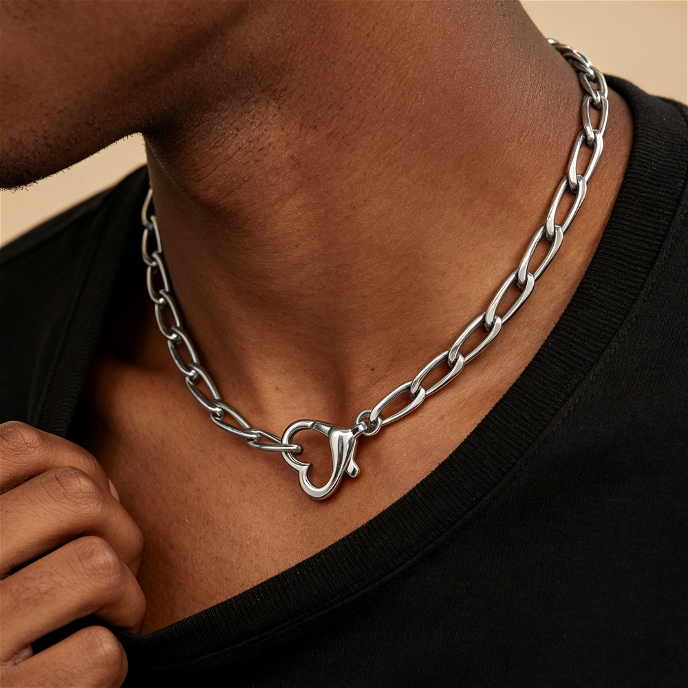 Vintage Stainless Steel Heart Clasp Cuban Chain Necklace