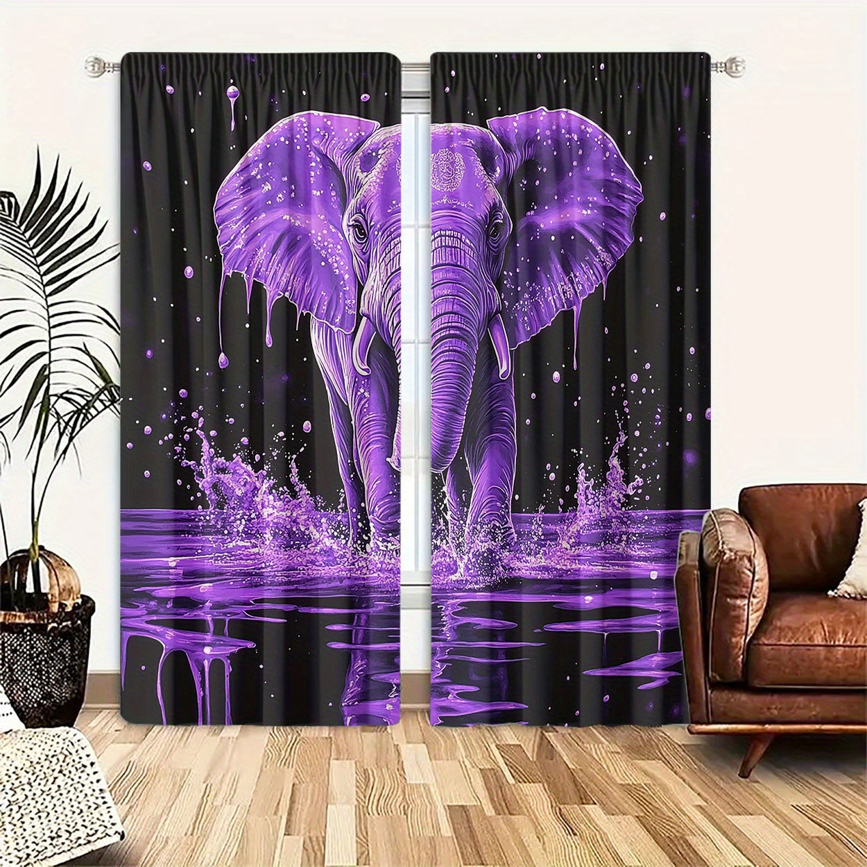 Fantasy Cartoon Printed Curtain / Bedroom Dining Room Living Room Covers Set of 2024 2 Panels-Multidimensional Cute Elephant Flowers Purple