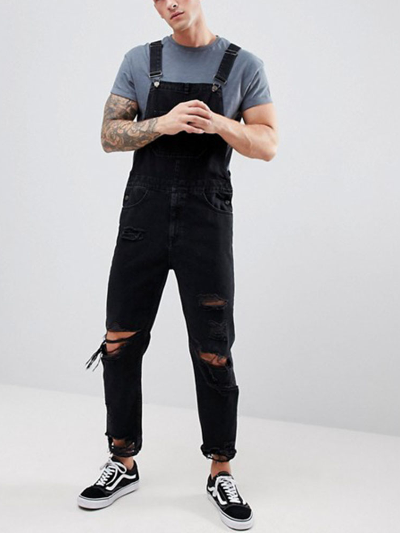 mens black ripped overalls