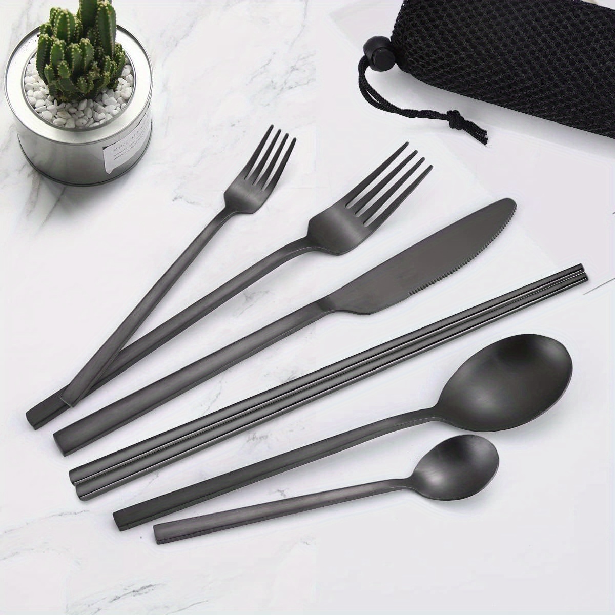 6pcs stainless steel flatware set portable reusable cutlery with chopsticks knife   and cleaning brush dishwasher safe ideal for travel and outdoor use outdoor dining essentials modern cutlery set durable cutlery Product details 0