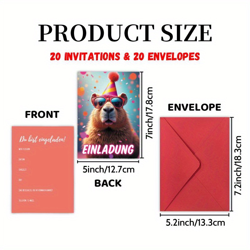 E-shop Einladungsschreiben mit 20 Karten und 20 Umschlägen, mit einem deutschem Capybara-Motiv zum Feiern von -Geburtstagen. Diese gratulierenden