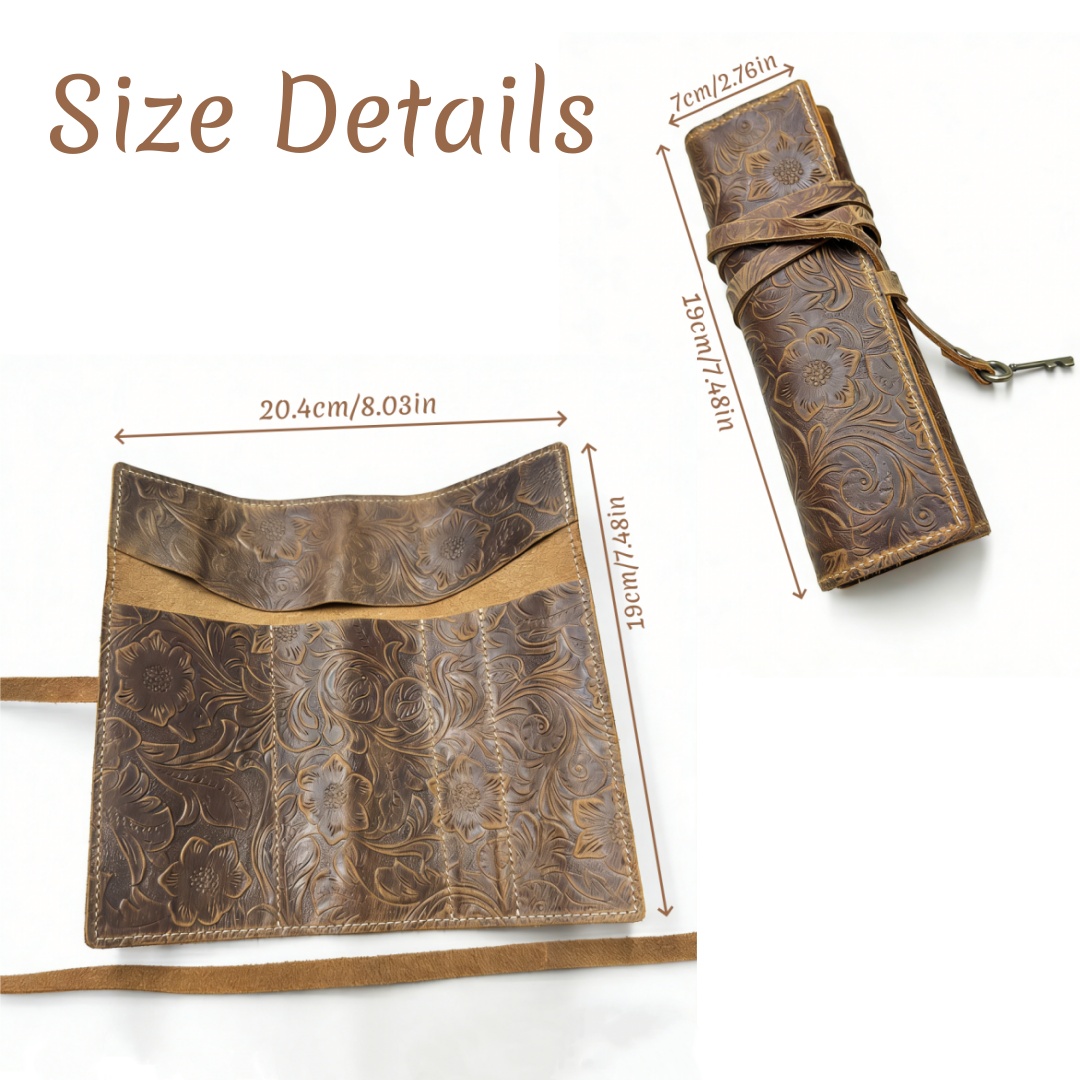 Vintage Genuine Leather Pencil Case with Elegant Print, Vintage Handmade Pencil Case with Multiple Slots, Genuine Leather Calligraphy Pen Holder, Portable Artist's Kit, Document Organizer