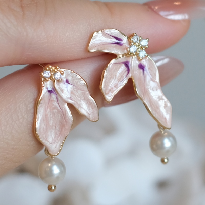 TEMU Elegant Pink Enamel Flower Earrings Inlay Synthetic Zirconia For Women Casual Vacation Fashion French Style Earrings Jewelry Gift