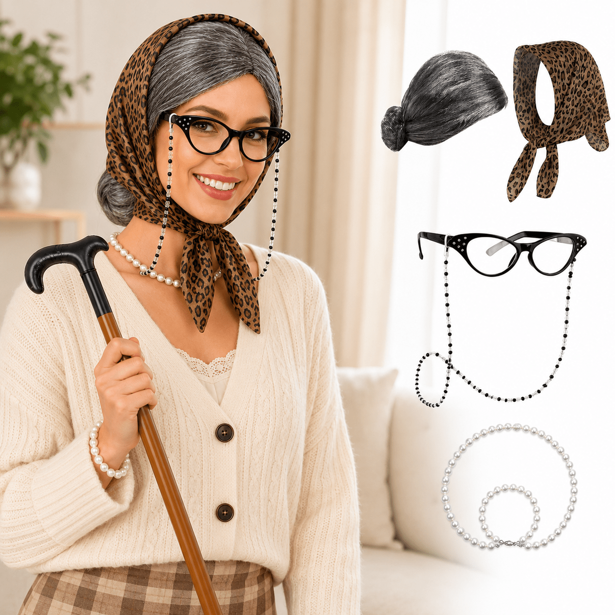 7pcs Grandma Costume Set with Pearl Jewelry