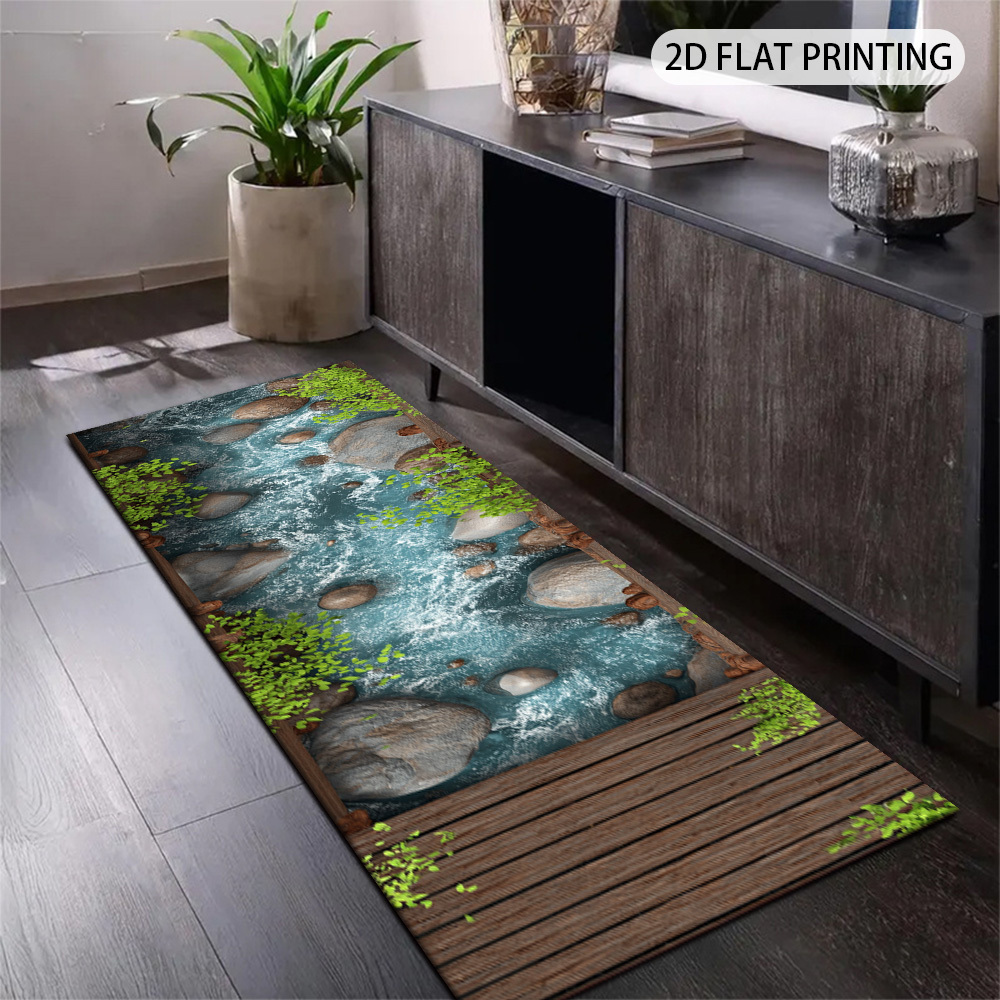 TEMU Long Runner Rug, 2d Flat Printing Modern Minimalist, Flowing Stream And Stones Running Mat Carpet, Suitable For Indoor And Outdoor Areas - And