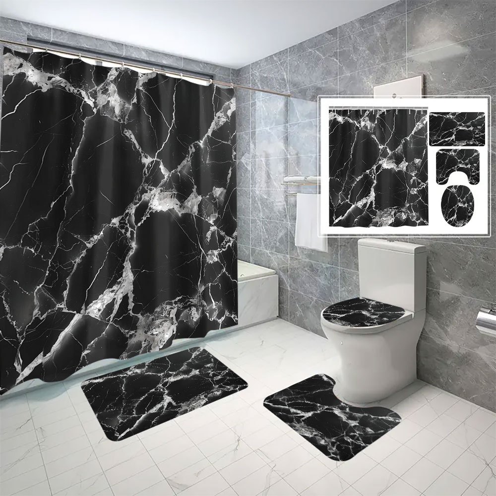 

4pcs Pattern Digital Printing Polyester Waterproof Shower Curtain No Punching Bathroom Four-piece Set