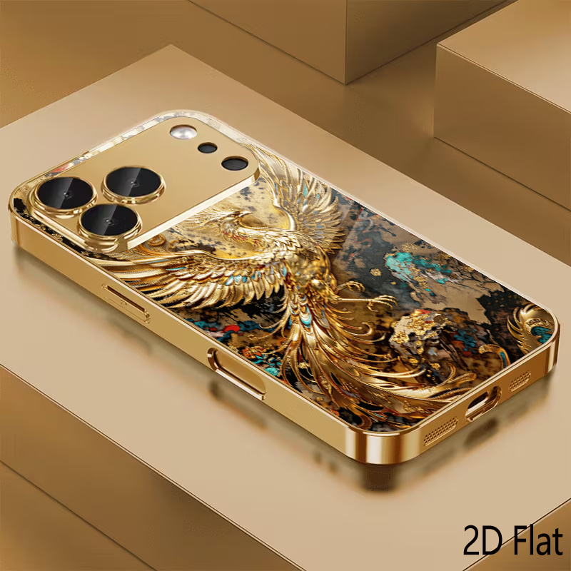 TEMU Phone Case - 2d Golden Phoenix Pattern Protective Lens Glass Phone Case, For Iphone 16, 16plus, 16pro, 16promax, Iphone 17, 17pro, 17promax,