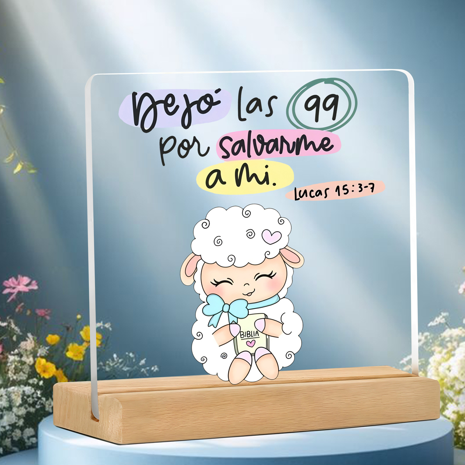 TEMU Placa 2D, 1 pieza con en español "Dejó a 99 para salvarme" - Adorable decoración de escritorio con ovejas y versículos bíblicos en español con