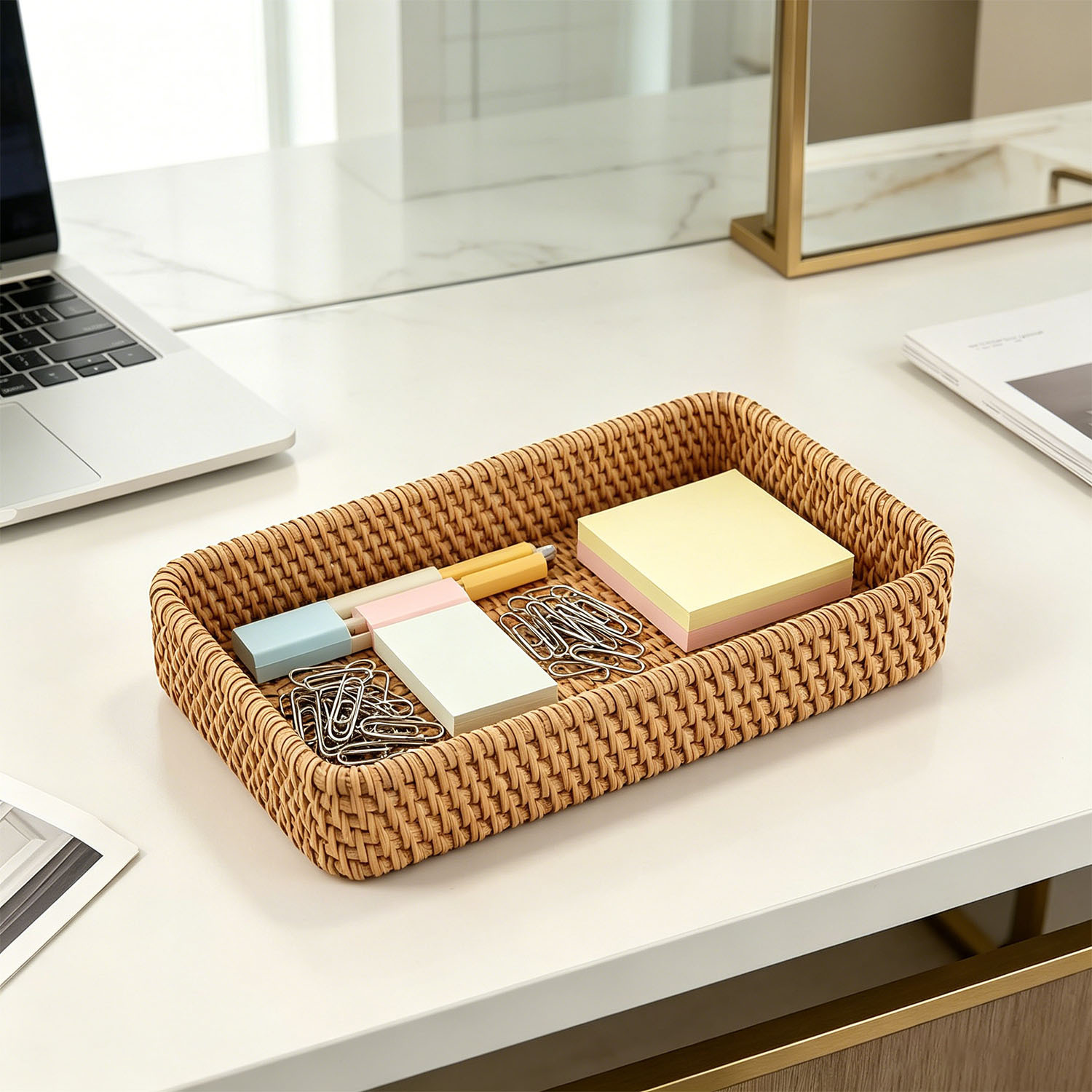 2 Hand-Woven Rattan Bathroom Storage Trays, Multi-Functional Entryway Tabletop Key and Sundries Decorative Tray, Toilet Tank Decorative Basket for Storing Keys, Vanity Items, Candles, Ornaments, Perfume, and Long Hand Towels, Exquisite Home Storage