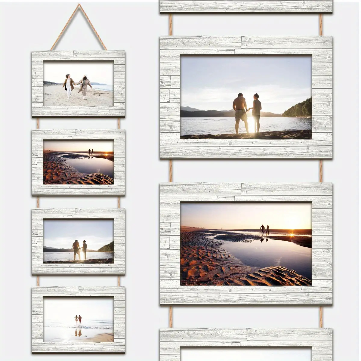 TEMU 1 Set Bohemian Retro Square Wall Photo Board - White Wood Grain Wall Tile Frame With Jute Rope Hanger For Home Decor, Wedding, Housewarming,