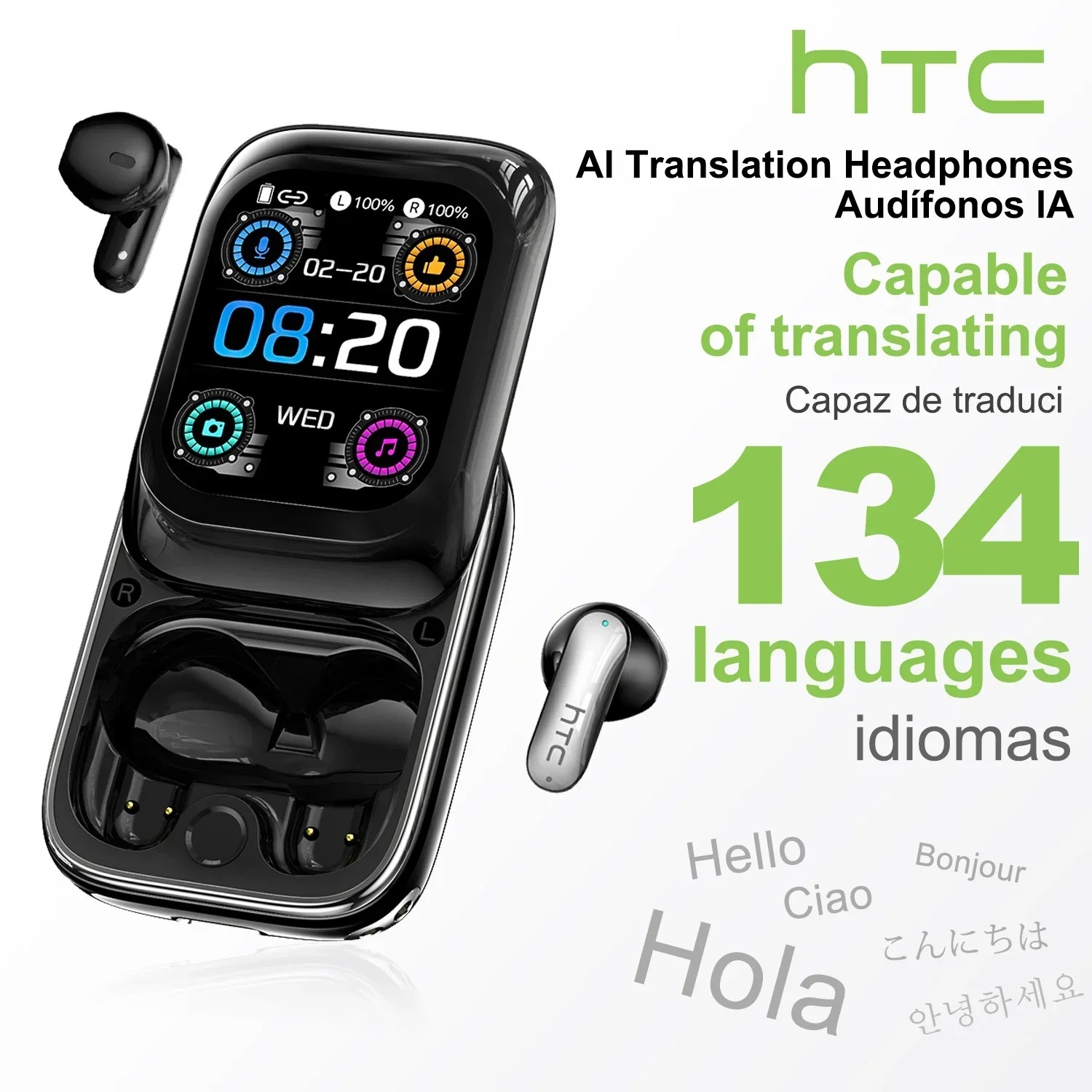 Slider Htc Headphone Ne48 Wireless Headphones With Hd Screen | Touch Control | In-ear Earbuds With Noise Reduction | Ai Translator With App Real-time