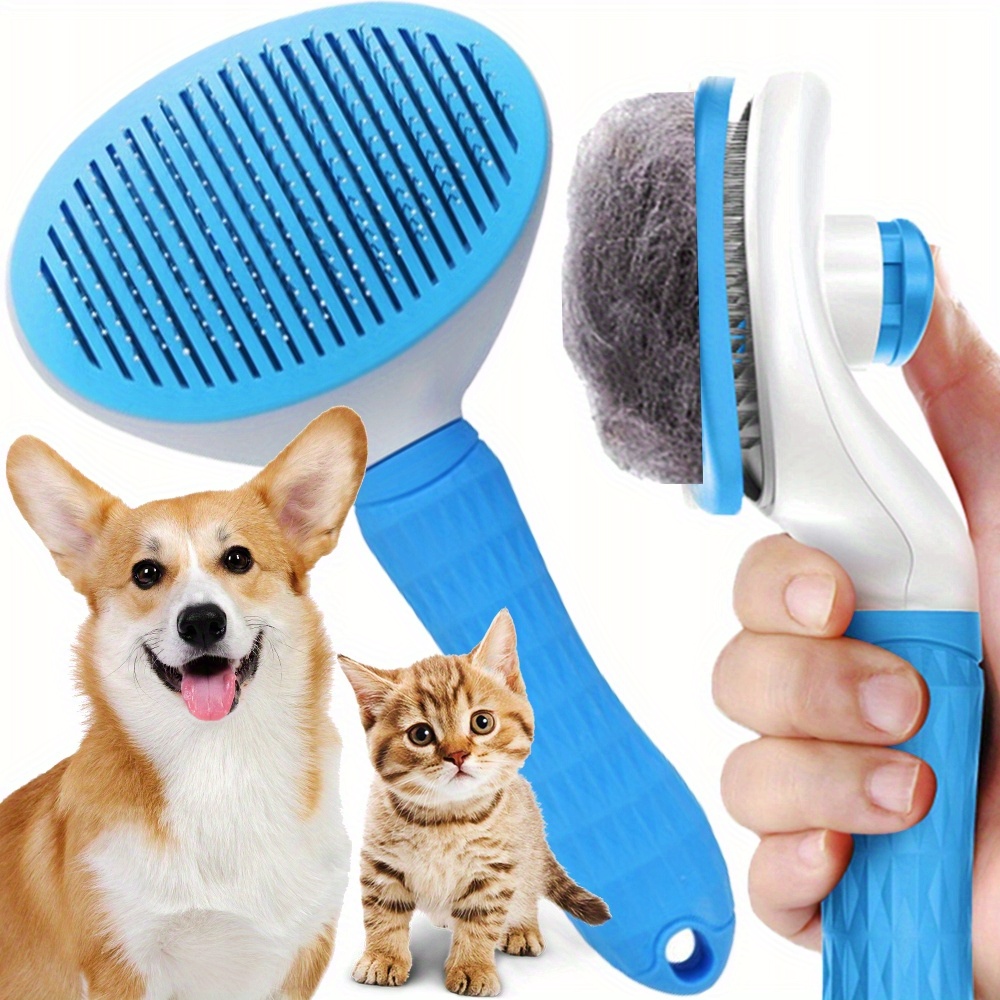 

1pc Self-cleaning Grooming Brush, Stainless Steel Bristles, Plastic Handle, Pet Massage Comb For Shedding And Dematting