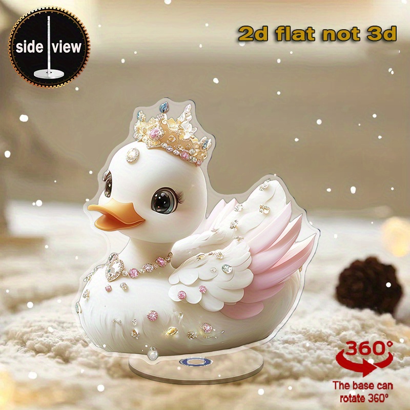 TEMU 2d Flat, 1pc Cute Duck Crown Acrylic Sculpture With Rotating Base - Sparkling Pink And White Desktop Decor, 360 Degree Rotation Ornament, For