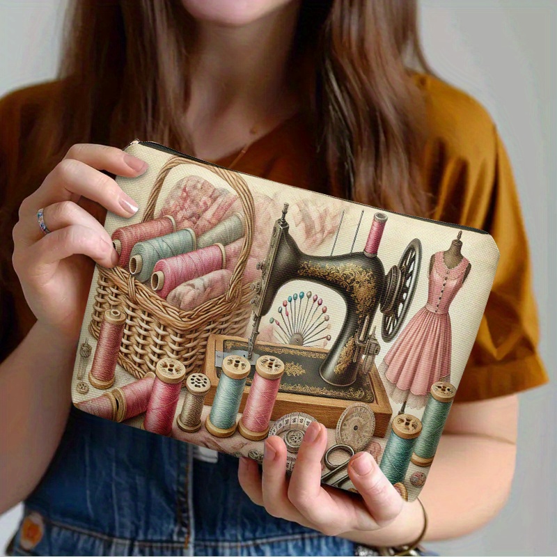 TEMU Neceser de maquillaje de 1 pieza con estampado de herramientas de costura y manualidades por , bolsa de cosméticos con cremallera y diseño de