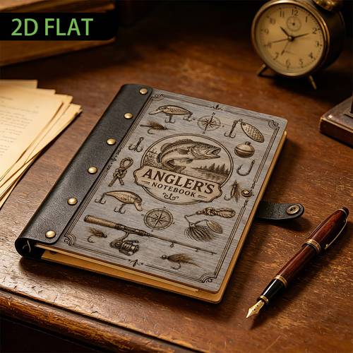 1pc notebook hardcover notebook 2d flat wooden panel with sturdy leather rivet 100 page tackle collection fishing log vintage outdoor angling fishing enthusiast gift 2d flat