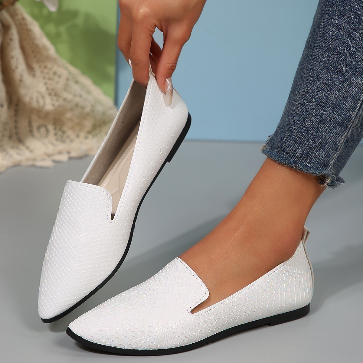Women's Slip-On Pointed Toe Flats White Synthetic Cover Casual Shoes with  Rubber Sole Versatile Design for Casual Attire, Casual Footwear
