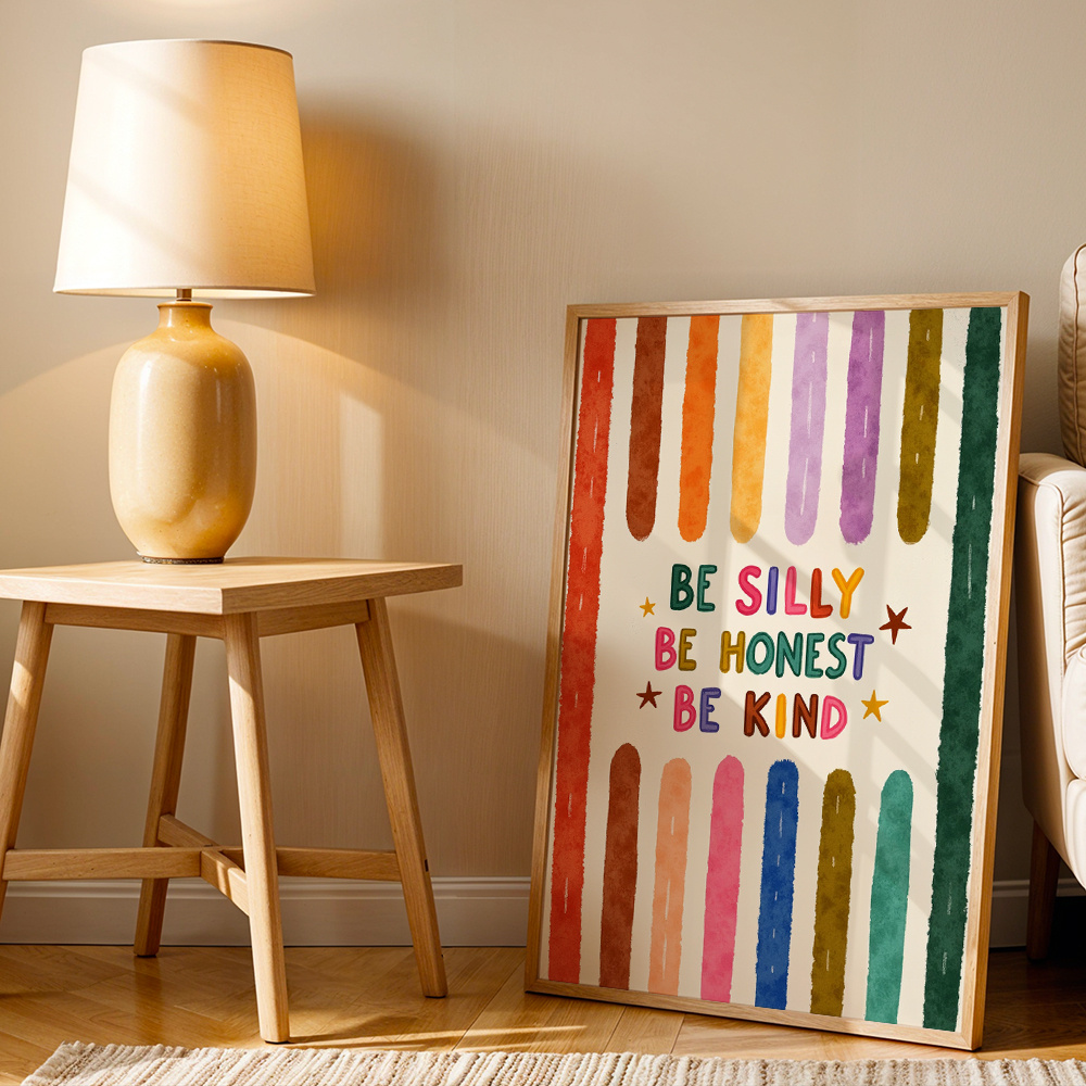 TEMU 2d Flat, 2d Flat, Whimsical Colorful Stripes Posters Inspirational Quote Canvas Prints Be Silly Be Kind Wall Decor Canvas Art Print For Bedroom