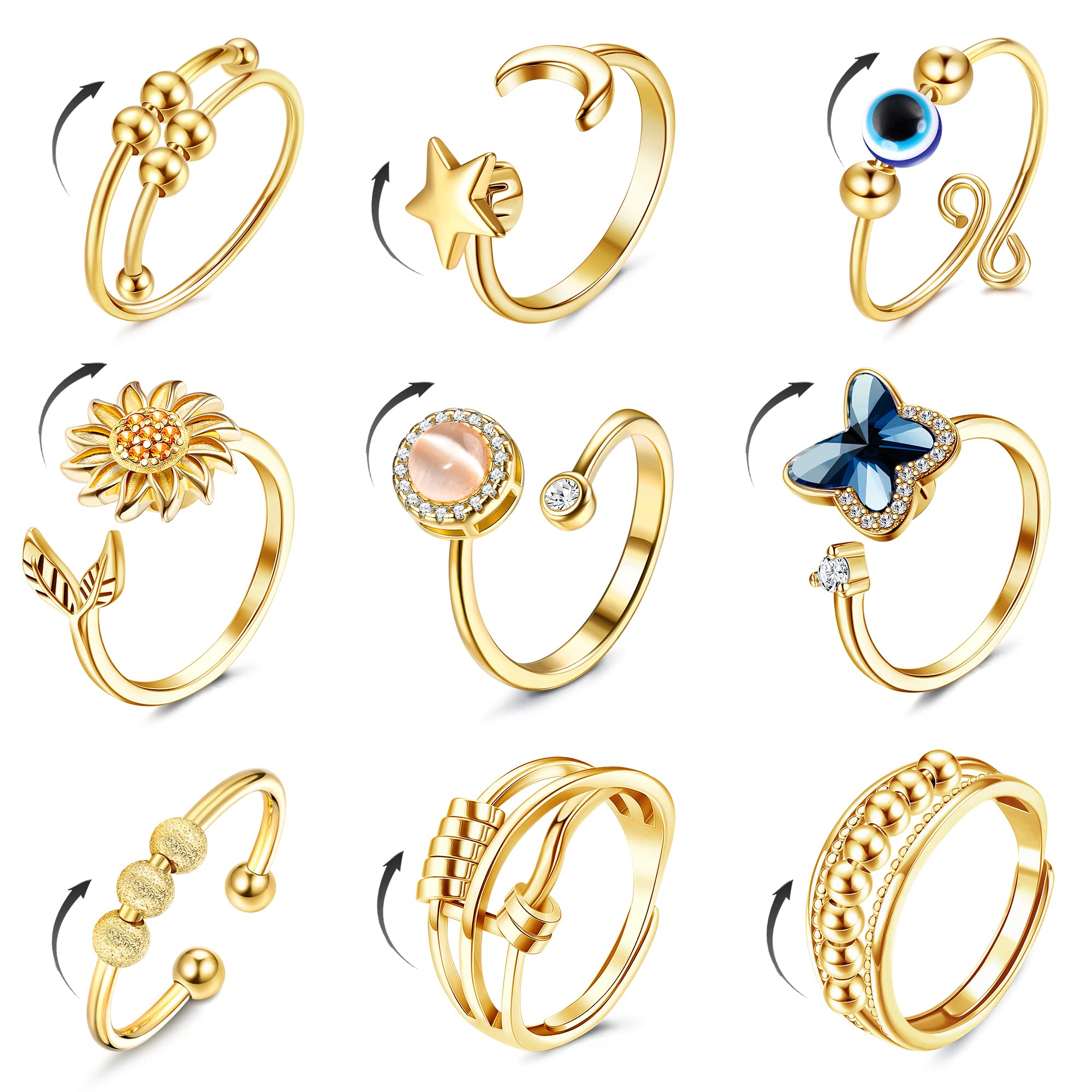 Image of 9pcs Spinning Rings For Women Adjustable Thumb Rings Rotating Bead Flower Rings