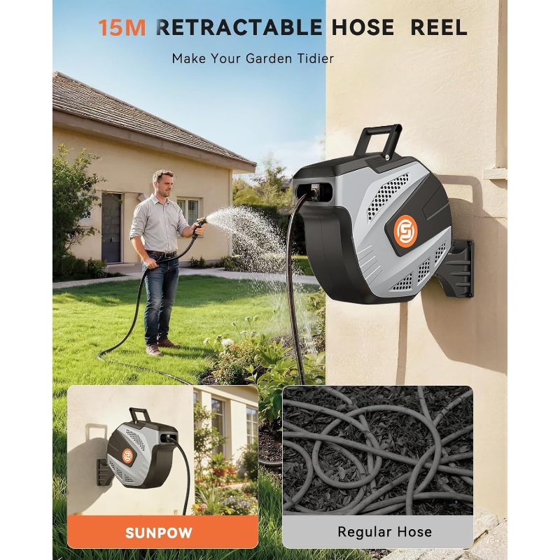 garden hose reel wall mounted 15m retractable hose pipe   10 function sprayer nozzle any length lock auto   system 180 degree swivel bracket