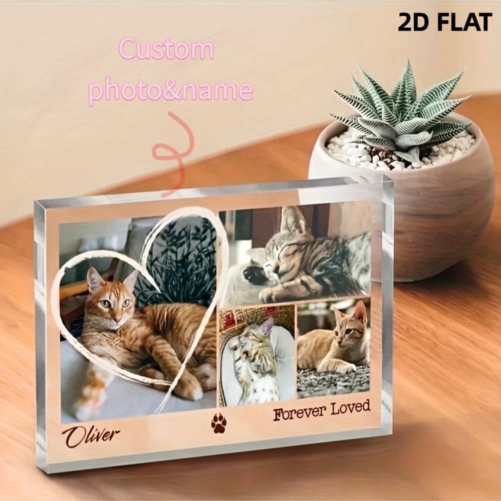 TEMU 1pc Personalized Pet Photo Plaque - Name & Photo Suitable For Dogs, Cats, Birds, Fish, Heart-shaped Collage With Paw Print Memorial Keepsake,