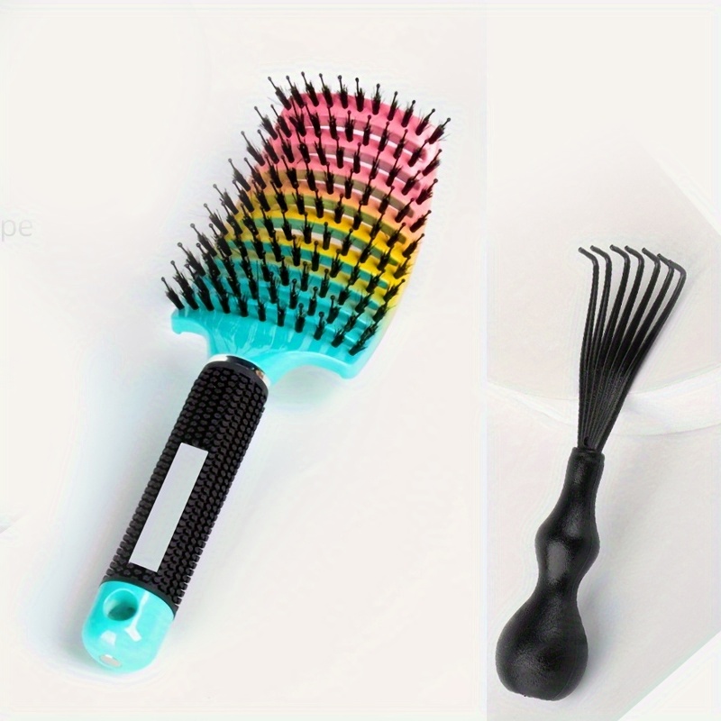 E-shop 2 Stück bunte Massagekämme für lockiges Haar, multifunktionaler gebogener Stylingkamm, Lockenrippenkamm + Kammreiniger, Reinigungsklammern,