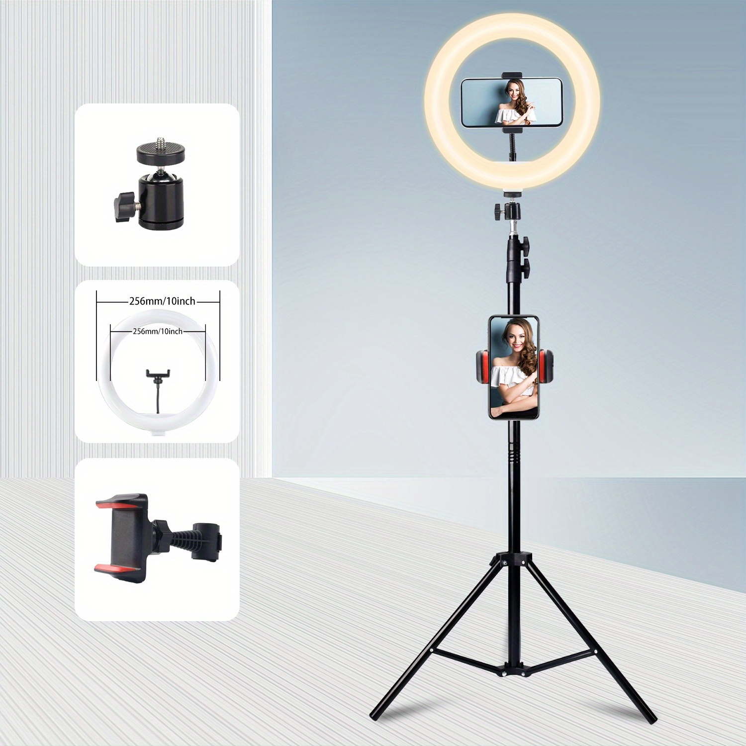 Multi-functional set with dual phone stand and 63inch retractable  photography tripod light USB power supply ph