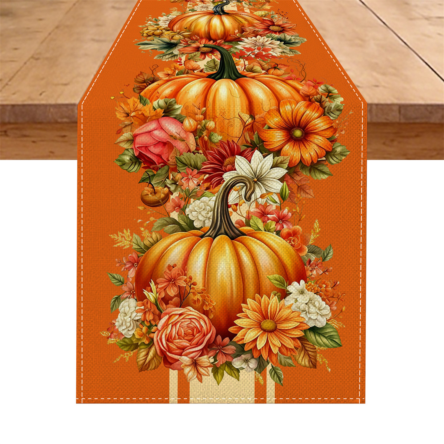 Image of 1pc Large Faux Table Runner Suitable For Thanksgiving - Orange Pumpkin Floral Decor With Roll, Rectangular Runner For Outdoor Dining Table, Patio Table Setting, Rustic Farmhouse Table Decoration