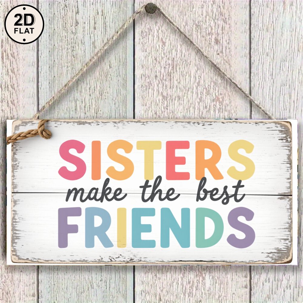TEMU 2d Flat Sister Wooden Hanging Ornament, White Background With Colorful Text, Rustic Wood Grain, 2d Flat Home Bedroom Decor Gift