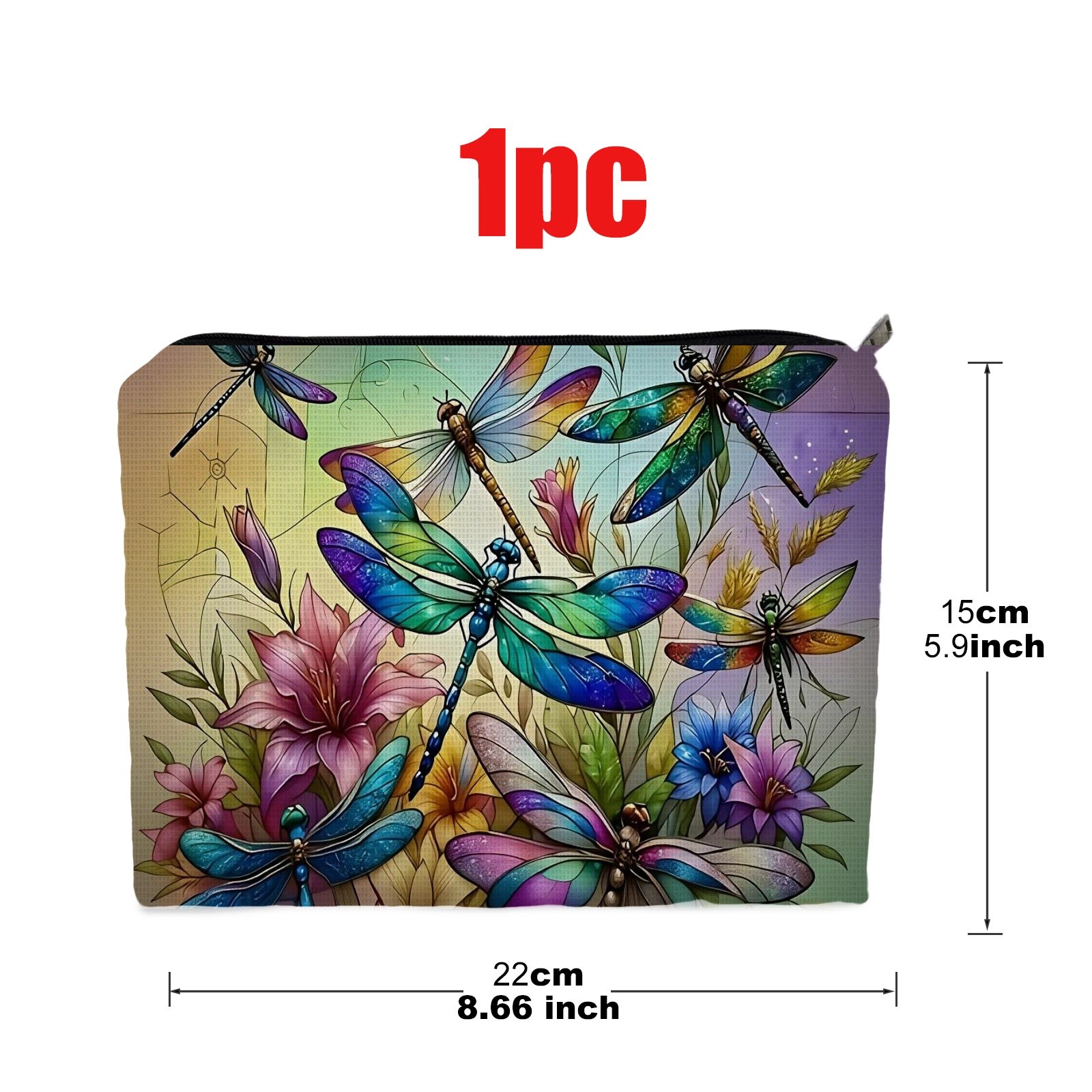 TEMU 1pc Double - Sided Cosmetic Bag, Size 5.9in*8.66in, Polyester Material, Whimsical Dragonfly & Flower Pattern, Ideal For Travel & Organization,