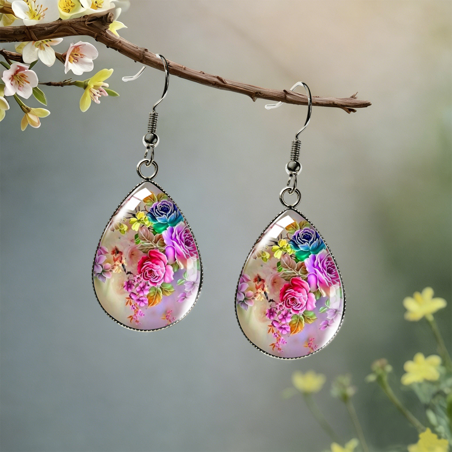 TEMU A Pair Of Exquisite Nostalgic Rose-shaped Teardrop Earrings, Colorful Mixed - Dangling Decorative Jewelry