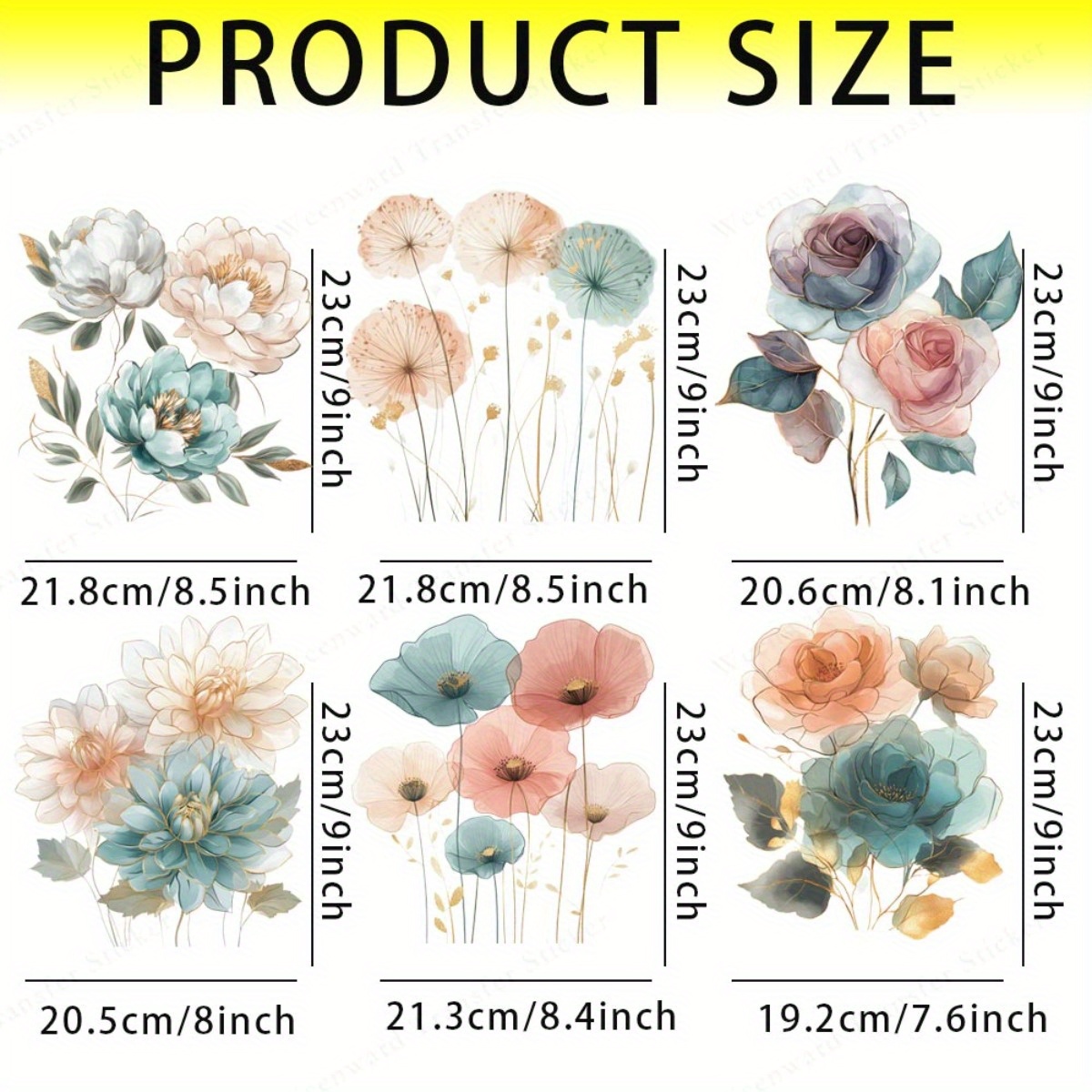 TEMU 6 piezas/juego, flores acuarelas, parches de imágenes, hierro sobre tela, DIY, lavable, transferencia térmica de , pegatinas, impresión en